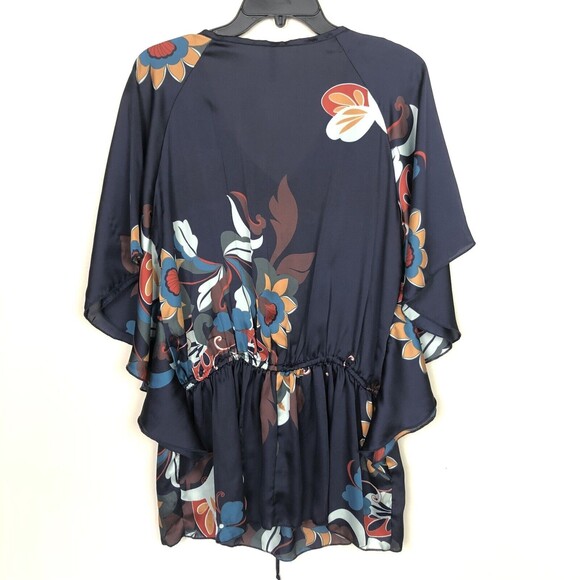 Colorful Floral Top Oversize S Butterfly Short Sleeve Navy Satin Blouson Slouchy - Picture 5 of 12